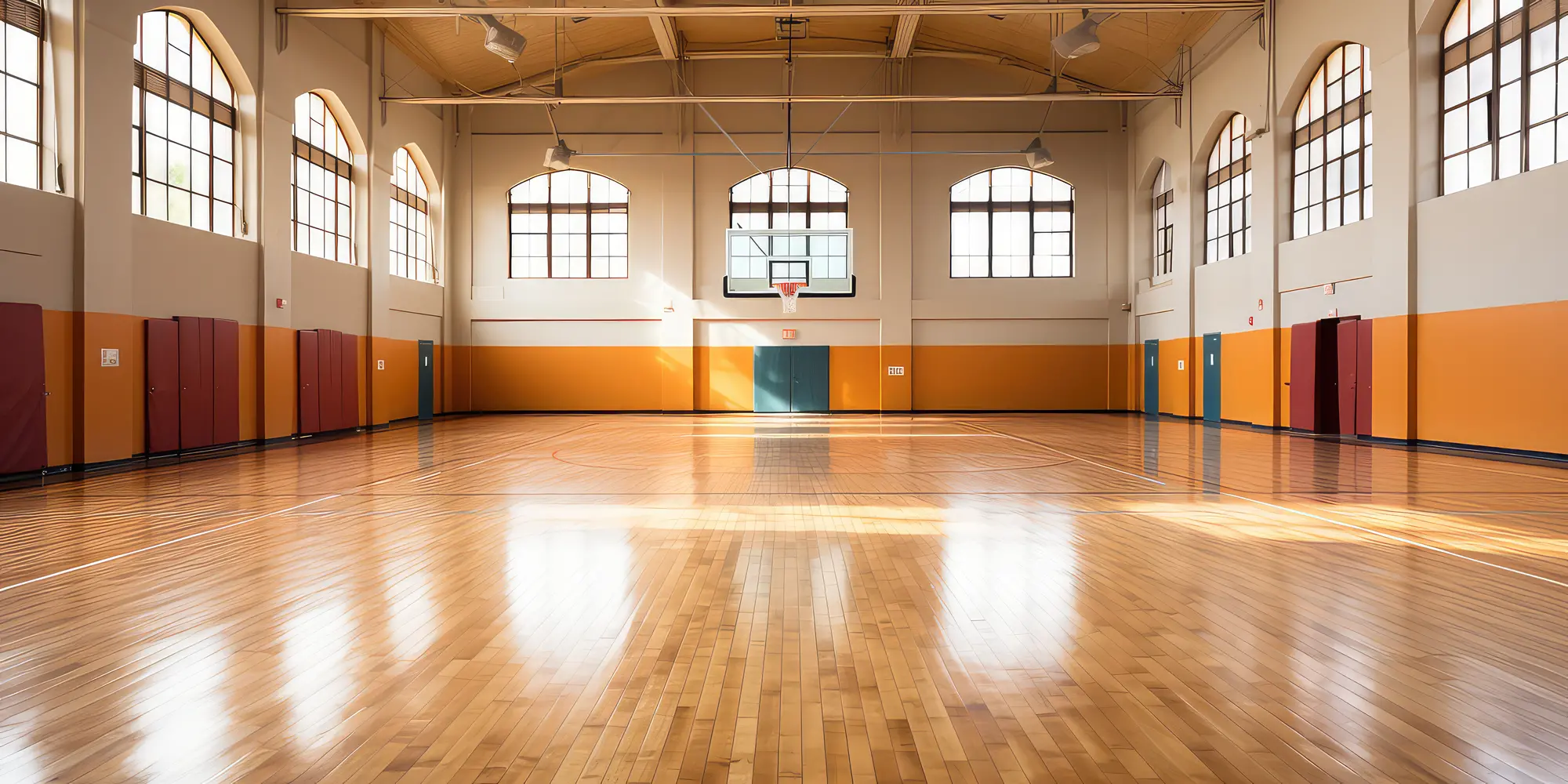 Leere Sporthalle mit Blick auf den Basketballkorb