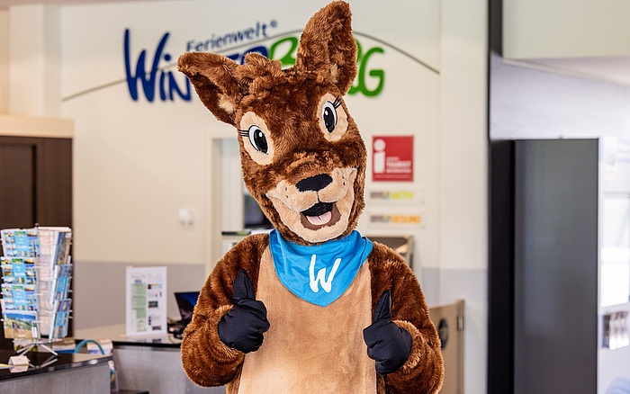 Das Maskottchen Reh Waldtraut mit Daumen hoch.