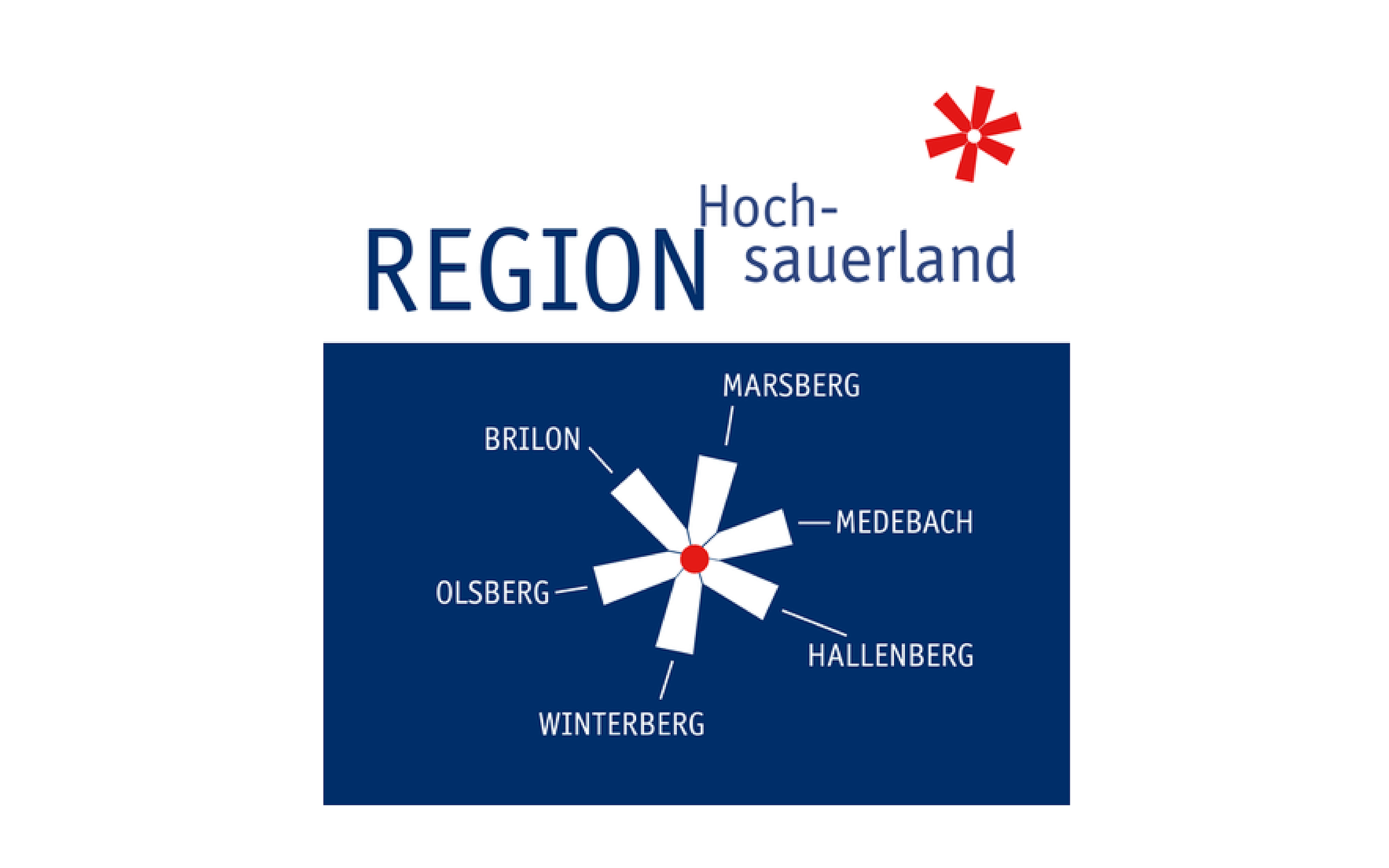 Logo von Leader Hochsauerland mit einer Karte der beteiligten Regionen: Marsberg, Brilon, Olsberg, Medebach, Hallenberg und Winterberg.